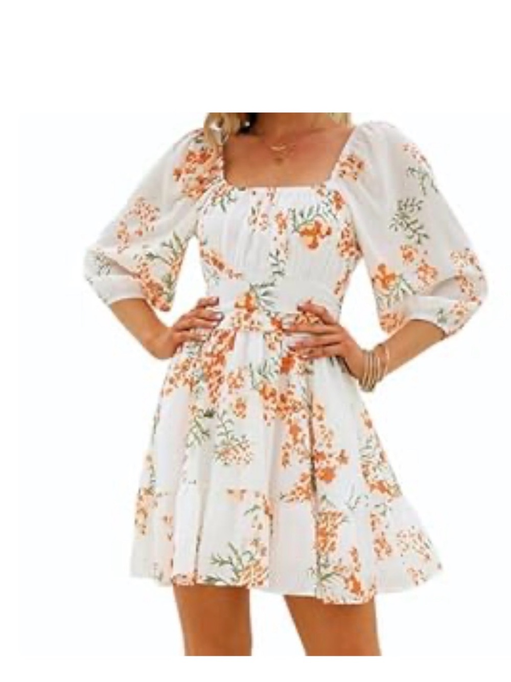 White Floral Square-Neck Mini Dress with Puff Sleeves